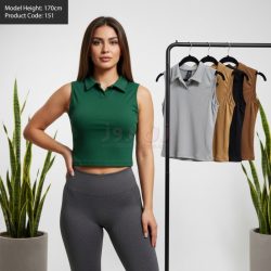 تاپ زنانه بدون آستین رکابی یقه مردانه