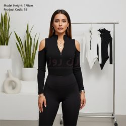 بادی زنانه سرشانه باز جلو زیپ دار فینگردار