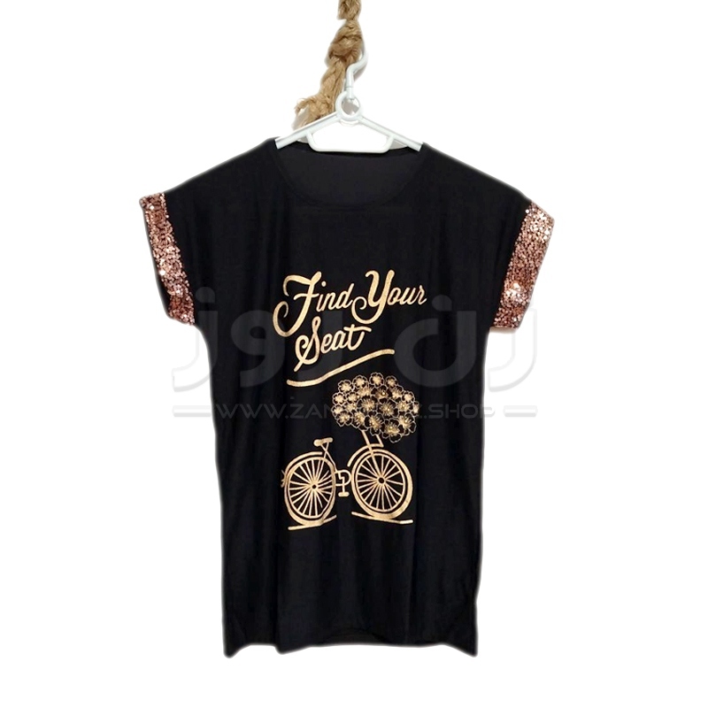 تاپ زنانه آستین کوتاه منجوق کاری چاپ دوچرخه طلایی 2 تاپ زنانه آستین کوتاه منجوق کاری چاپ دوچرخه طلایی - Image 2