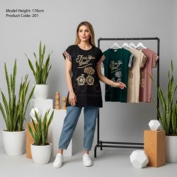 تاپ زنانه آستین کوتاه منجوق کاری چاپ دوچرخه طلایی