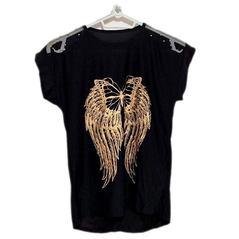 تاپ زنانه آستین کوتاه چاپ پر طلایی 2 تاپ زنانه آستین کوتاه چاپ پر طلایی - Image 2