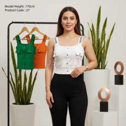 تاپ زنانه یقه خشتی جیب نما دکمه دار