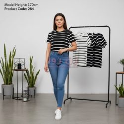 تیشرت زنانه راه راه یقه گرد فانریپ کبریتی