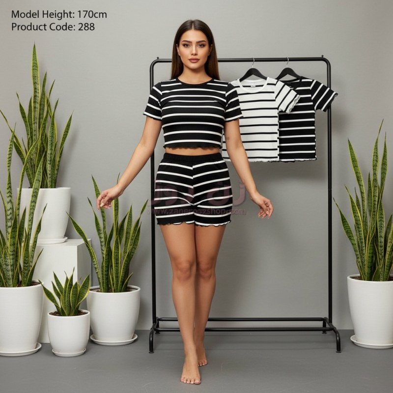 ست کراپ و شلوارک راه راه فانریپ 2 ست کراپ و شلوارک راه راه فانریپ - Image 2