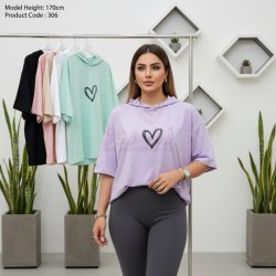 تیشرت باکسی کلاهدار طرح قلب