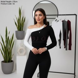 بادی زنانه آستین بلند سرشانه چاک سیاه سفید فینگردار