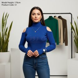بلوز زنانه یقه اسکی آستین بلند سرشانه باز