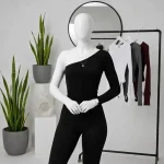 بادی زنانه آستین بلند سرشانه چاک سیاه سفید فینگردار