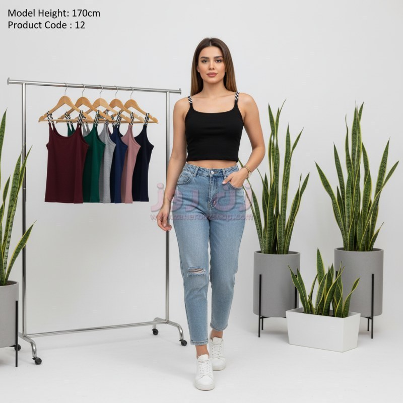 قیمت کراپ زنانه بدون آستین بند زنجیری سیاه سفید