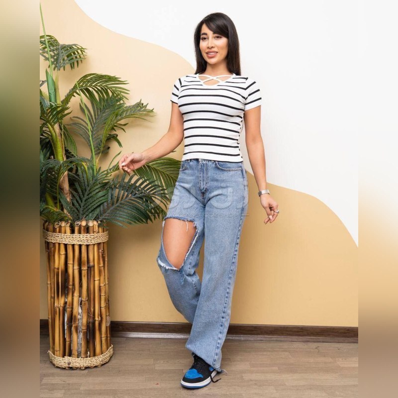 قیمت تیشرت زنانه یقه ضربدری راه راه فانریپ