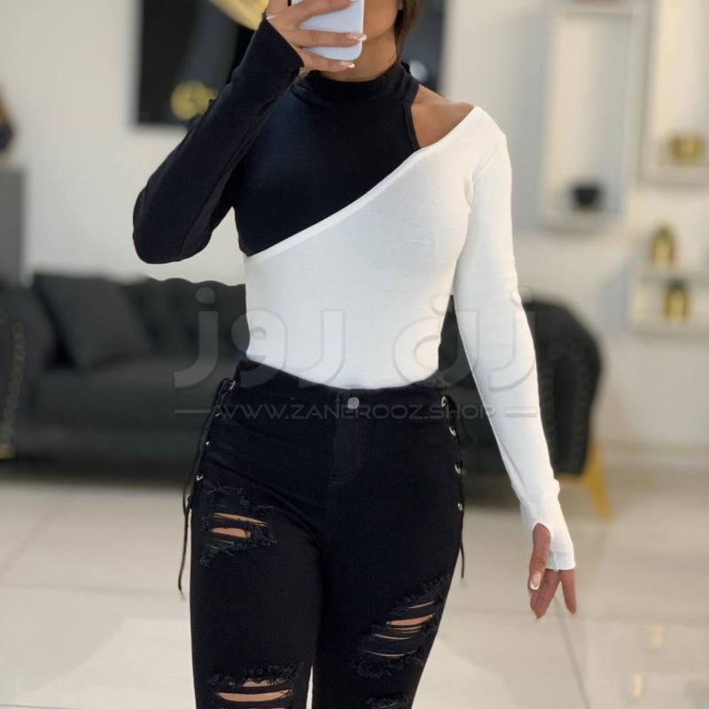 قیمت بادی زنانه آستین بلند سرشانه چاک سیاه سفید فینگردار